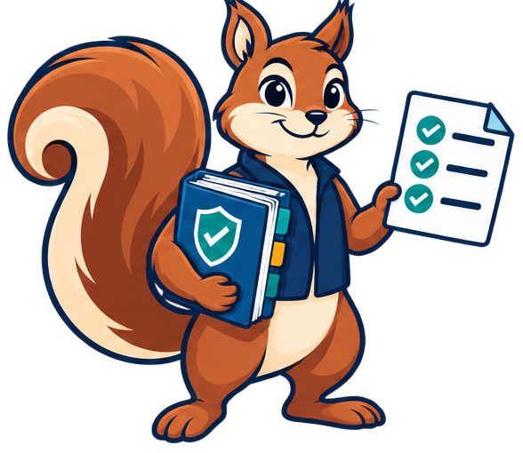 Cyber Squirrel mascot holding a policy checklist